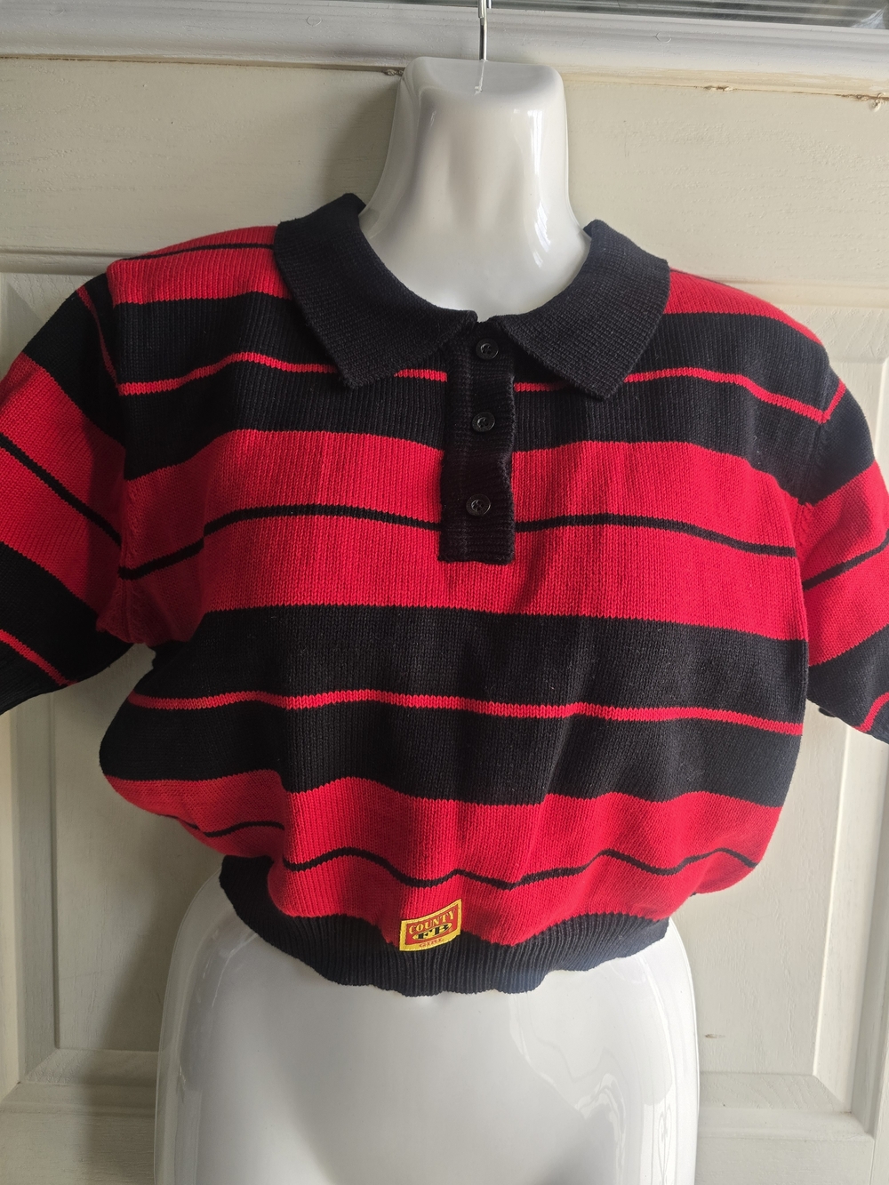 Women’s Red & Black Striped Button-Down Short Sleeve Polo Sweater